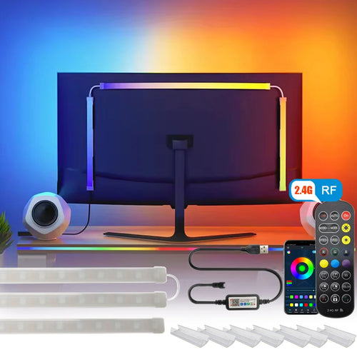 Glow monitor light strip backlighting a desk monitor